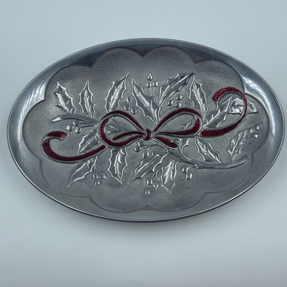 Lenox Christmas Red Bow Holly Berries 10” Oval Dish Silver Metal Tray Holidays